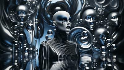 The primary subject of the image is a woman wearing a black dress, standing in front of a backdrop of bubbles. The setting appears to be a futuristic or surreal environment, with the woman being the main focus of the scene. The visual style of the image is a combination of photo and digital art, creating a unique and intriguing atmosphere. The colors in the image are predominantly black and blue, giving the scene a dark and mysterious mood.